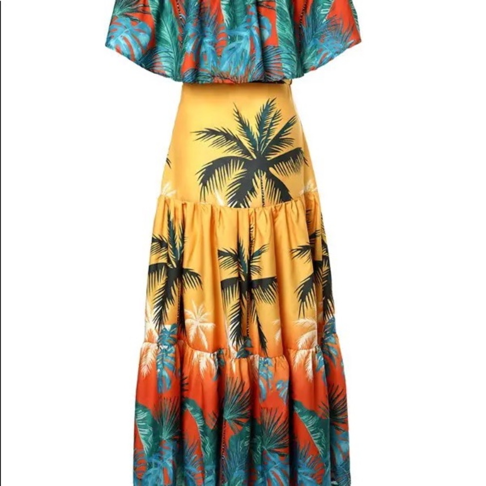 Chicme Off Shoulder Tropical Print Ruffles Maxi Dress With Belt - Picture 4 of 5